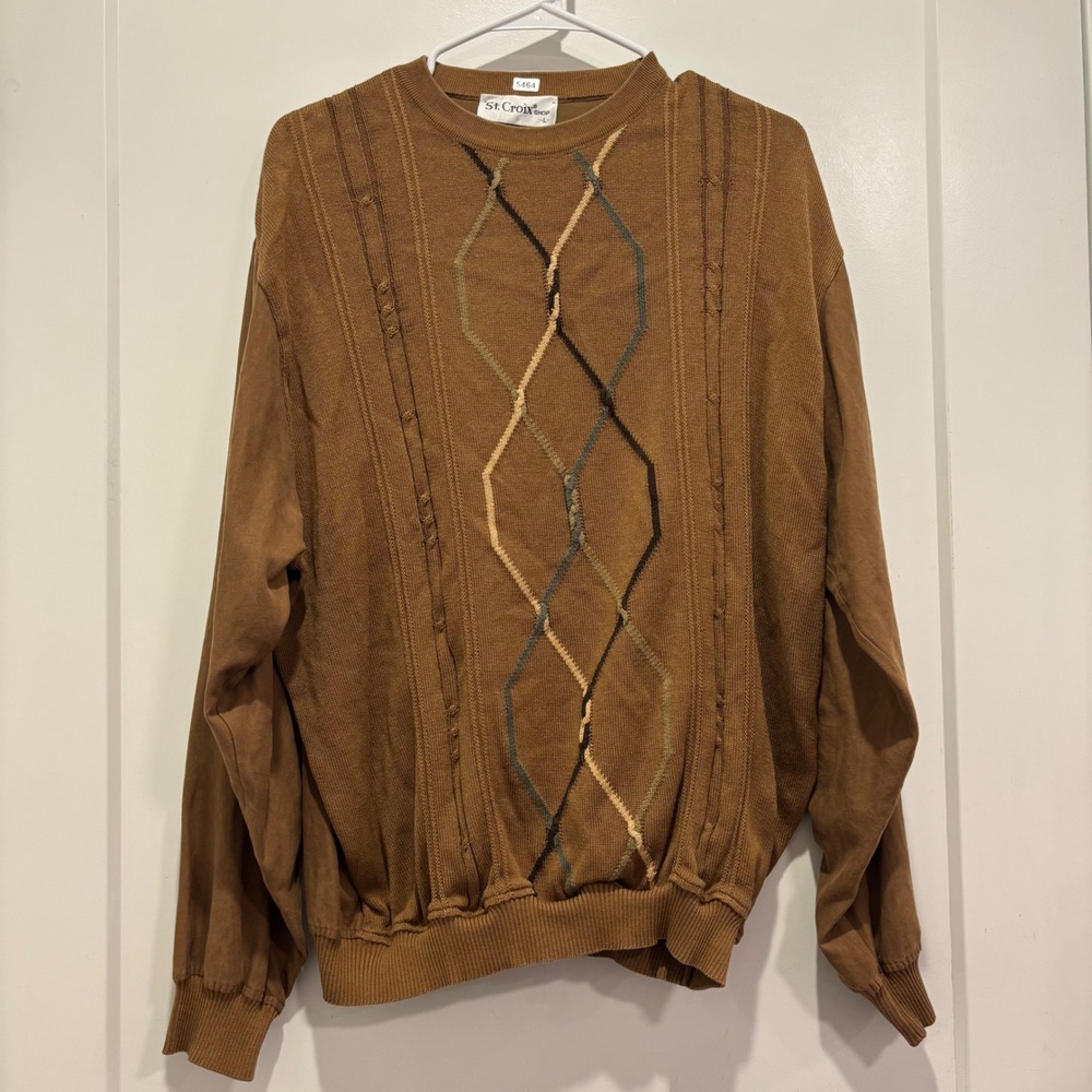 St. Croix Shop Mens Brown Mixed Media Argyle Knit Crewneck Sweater Large